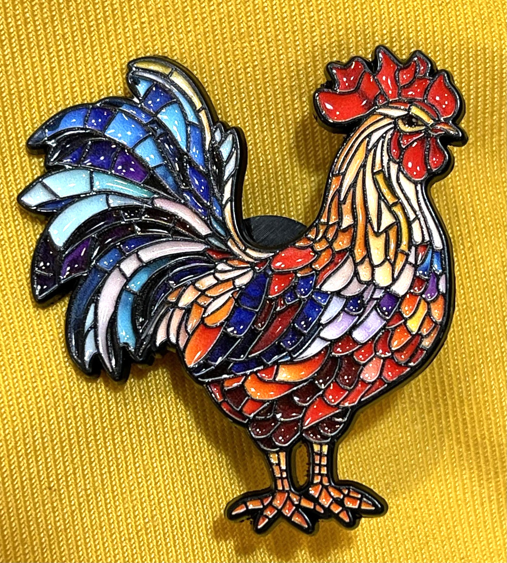 NWOT Rooster Chicken Brooch Lapel Pin Enamel Multicolor Stained Glass Mosaic Pin